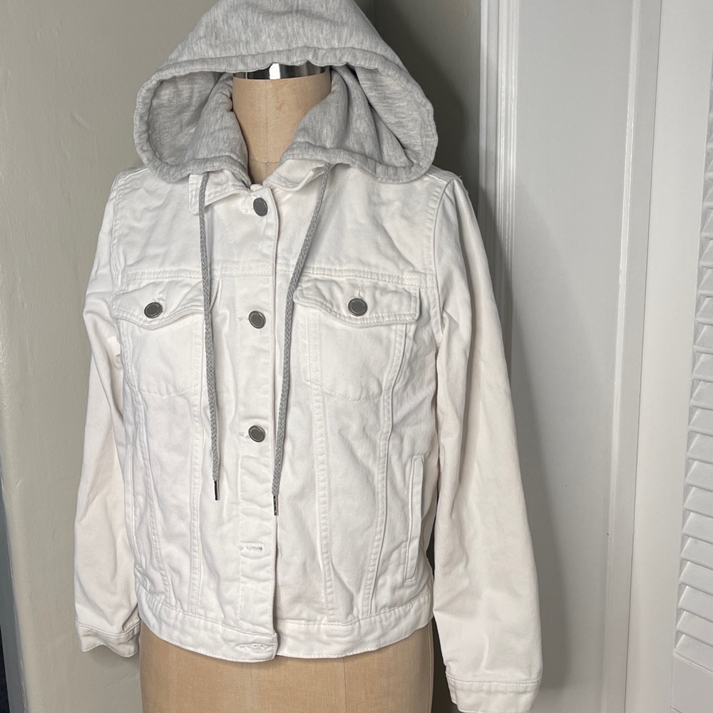 Women's White brushed denim Hoodie Jacket Sz S but fits medium.